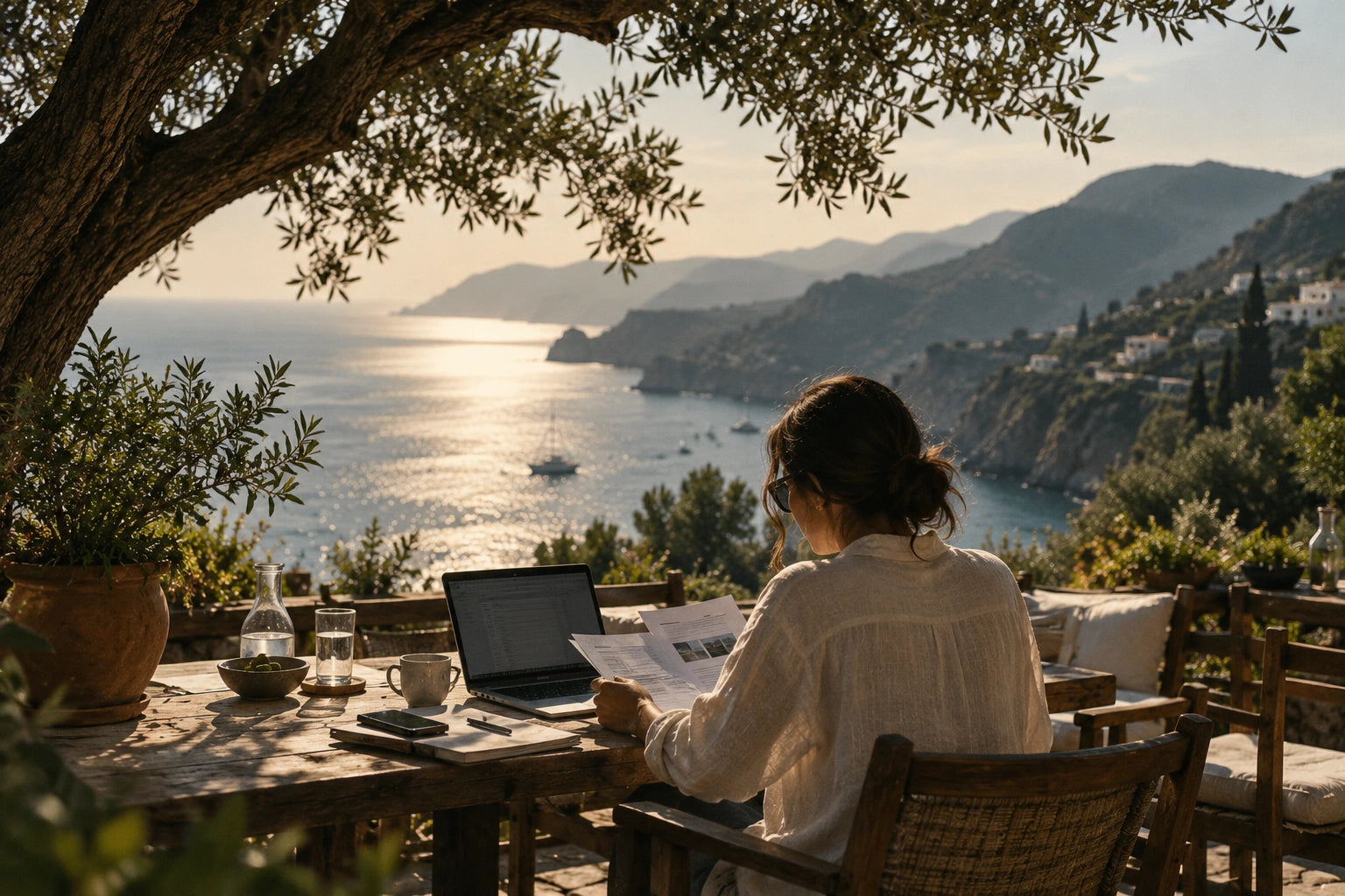An independent business owner reviewing spreadsheets on a shaded terrace.