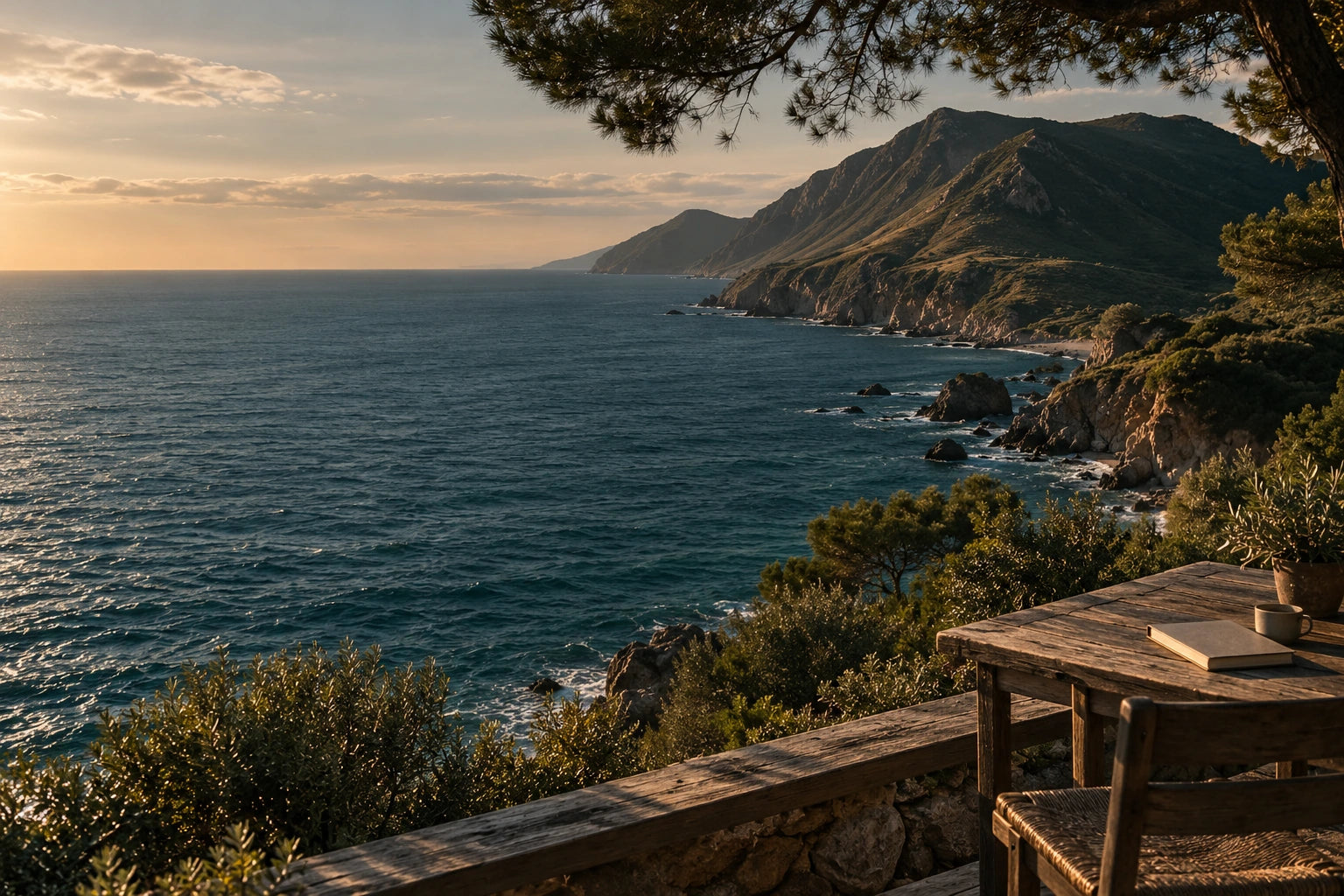 Calm coastal water and a quiet wooden terrace at sunset.