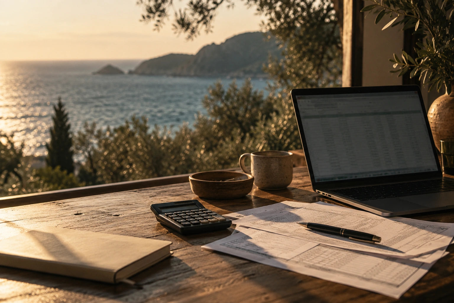 A laptop, calculator and organized spreadsheet papers beside a coastal window.