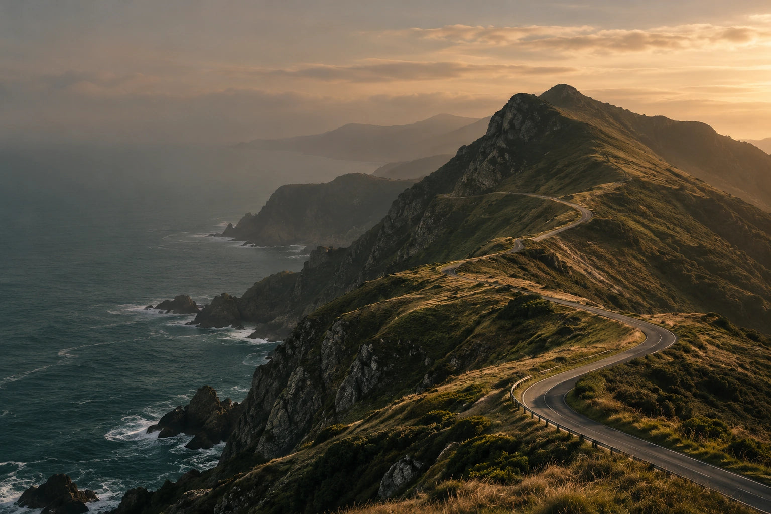 A winding road tracing a coastal mountain ridge at sunset.