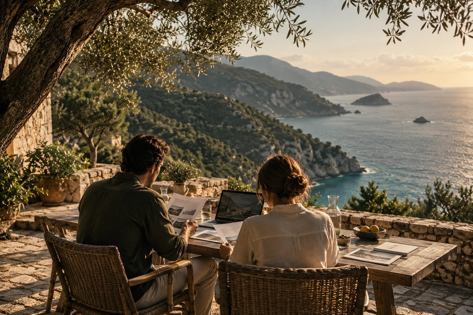 Two professionals comparing reports together on a shaded terrace.